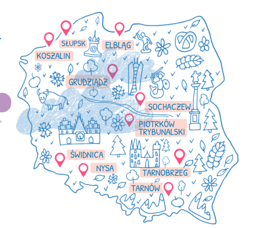 kolroowa mapka Polski z zaznaczonymi miejscowościami biorącymi udział w akcji